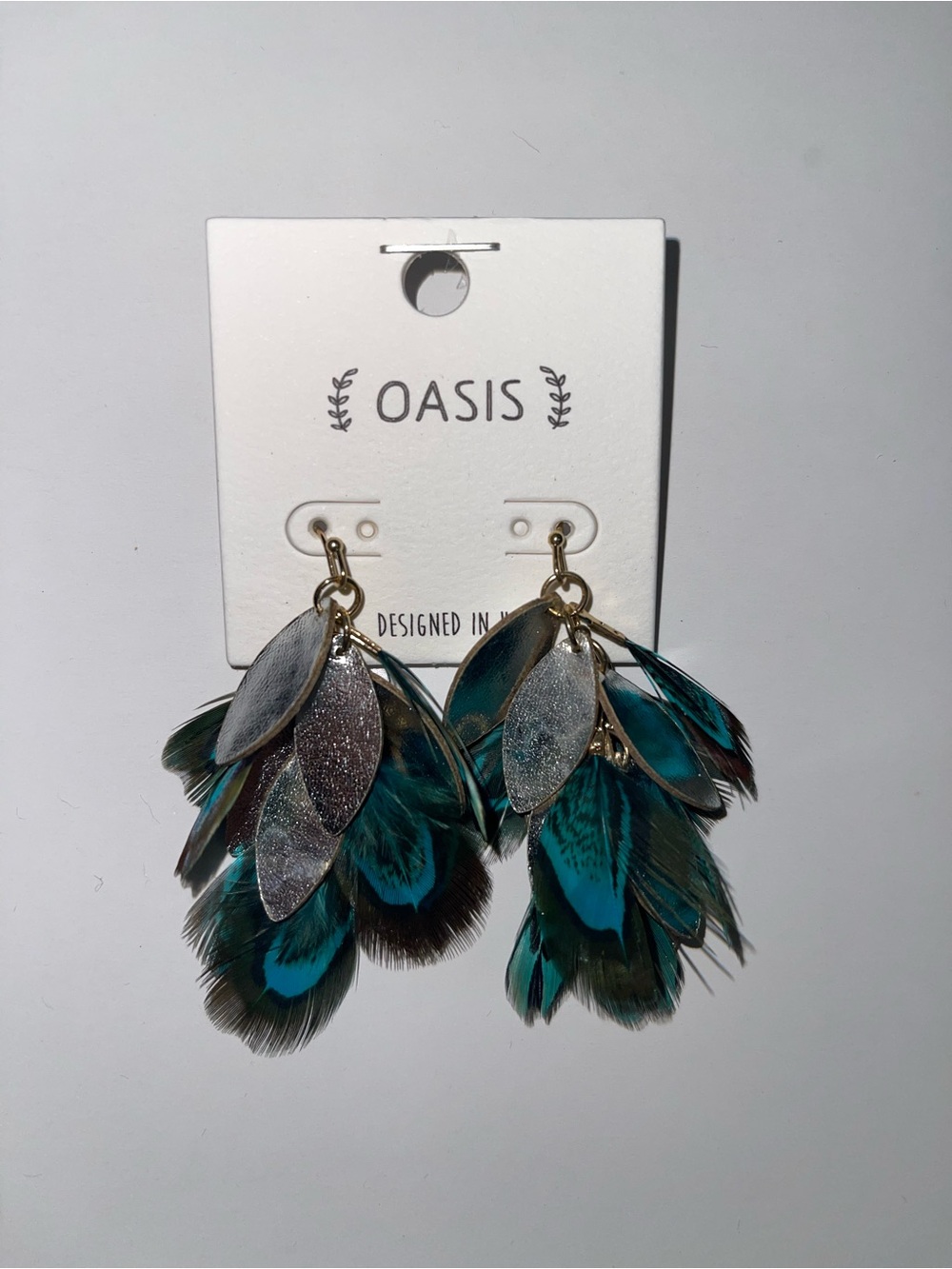 Oasis Teal and Silver Feather Cluster Earrings